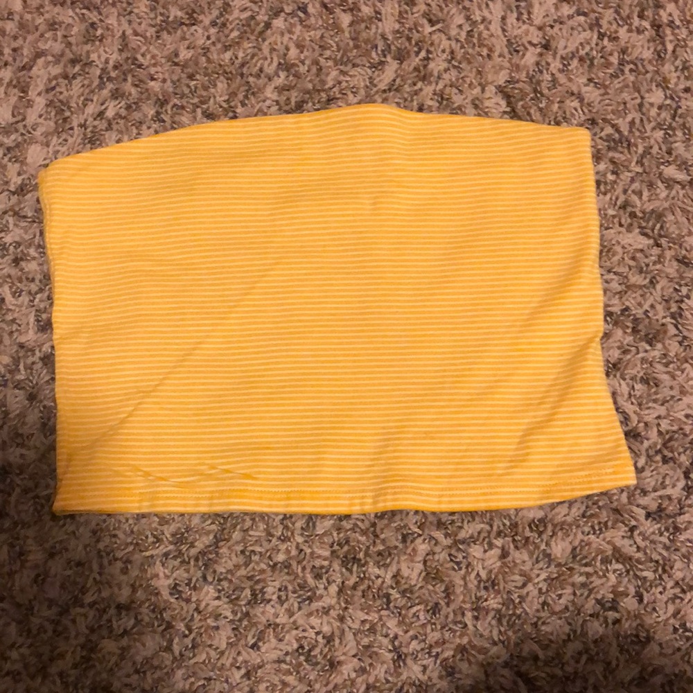 Yellow and white striped strapless top